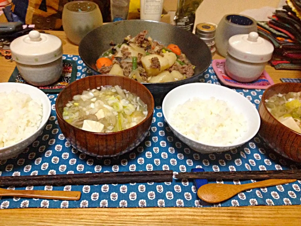 晩ごはん★海苔ねぎタレの肉じゃが、豆腐入り茶わん蒸し、みそ汁、ごはん|ハルさん