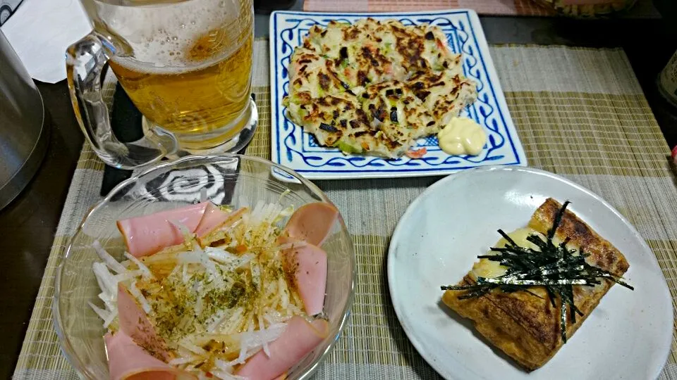 山芋のお焼き＆大根ハムサラダ＆厚揚げ|まぐろさん