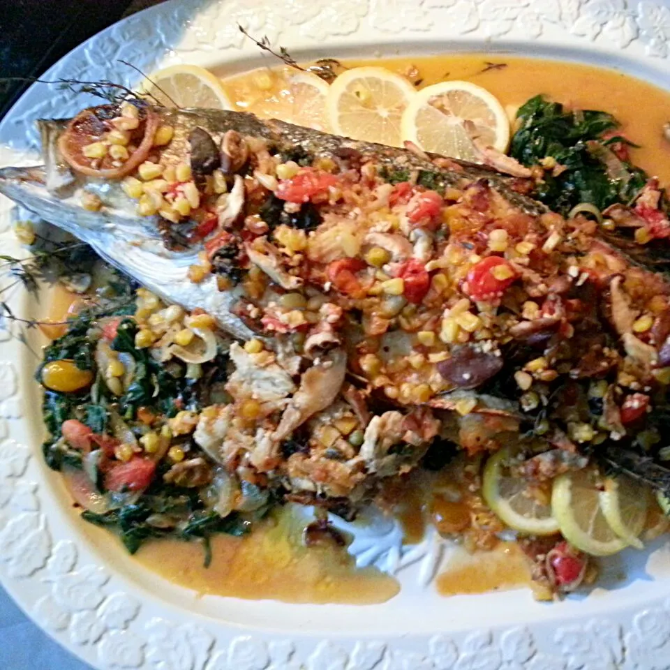 rockfish stuffed with crabmeat spinach corn and shitake mushrooms|catina smithさん