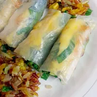 Snapdishの料理写真:Fresh Summer Rolls with Onion Omelet, Fresh Bok Choy & Bean Sprouts served wuth a side of Red & Brown sticky Fried Rice|The JADE chefさん