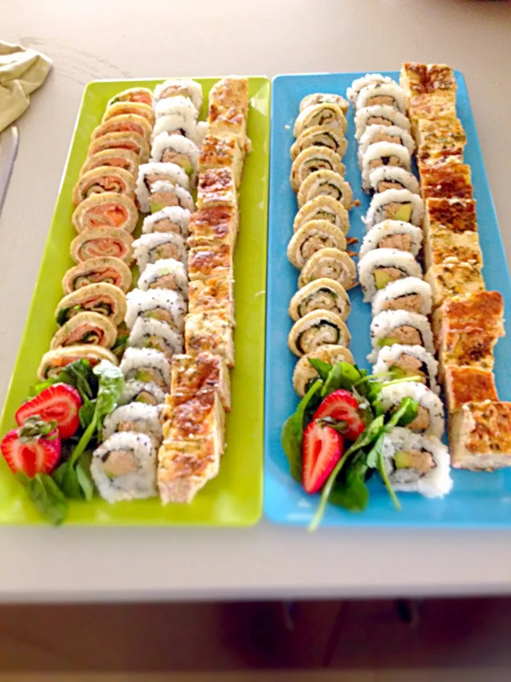 Snapdishの料理写真:Crab and salmon pinwheels with tuna sushi and vegetable quiche|woodfiredさん