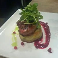 Snapdishの料理写真:foie gras, lingonberry , potato cake, pea shoot salad.  BlueBeard|Noah Milesさん