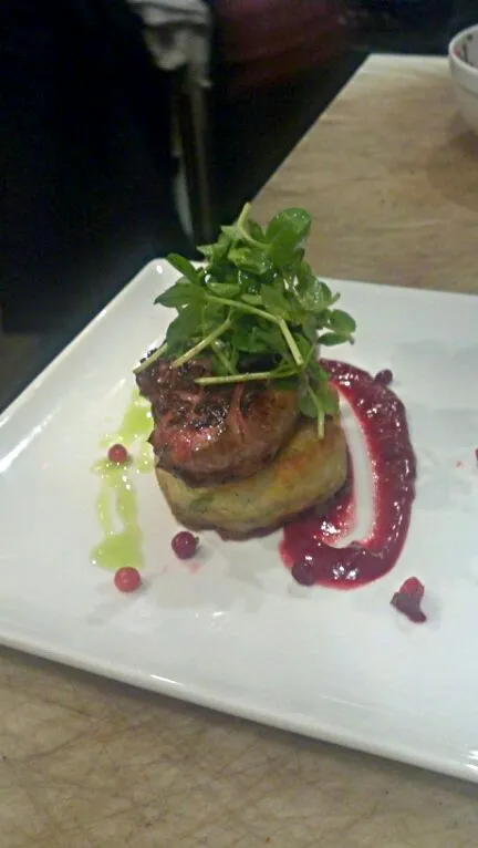 Snapdishの料理写真:foie gras, lingonberry , potato cake, pea shoot salad.  BlueBeard|Noah Milesさん