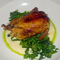 stuffed quail with duck liver, hearts, and gizzards.  pistachio, apricot, kale, and cauliflower puree.|Noah Milesさん