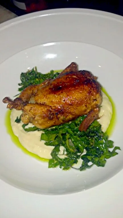 Snapdishの料理写真:stuffed quail with duck liver, hearts, and gizzards.  pistachio, apricot, kale, and cauliflower puree.|Noah Milesさん