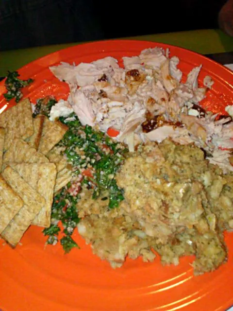 Hubby's dinner. Turkey, tabbouleh, stuffing, triscuits, fig spread, and feta.|Polly Gelfusoさん