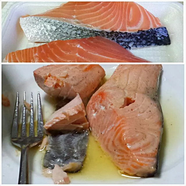 Bought this fresh salmon from the Japanese section at Cold Storage for Xmas Eve dinner. Love the pink flesh and of course the freshness of the fish.|genさん