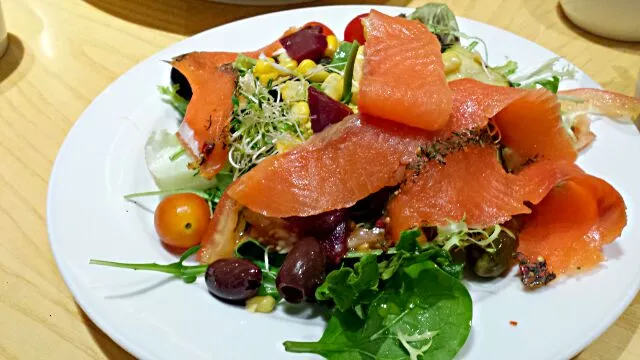 High tea buffet: My creation of the salmon salad with almost everything in. And with olive oil dressing|genさん