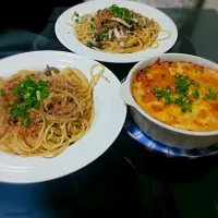 ツナの和風パスタ、長芋と豆腐の明太子ソースグラタン☆|さなえさん