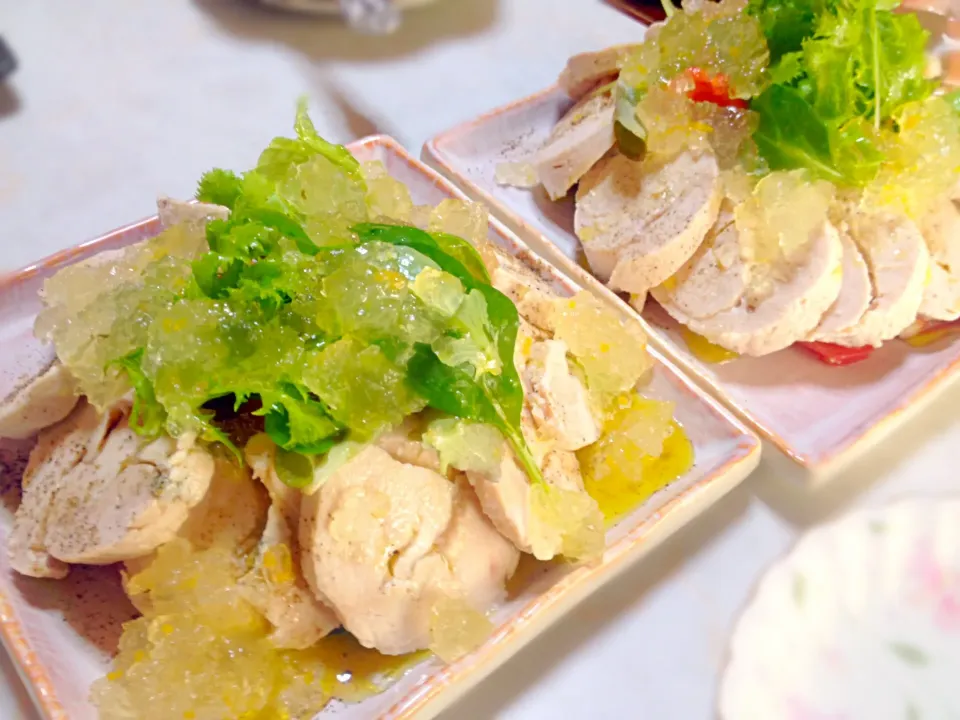 Steamed chicken ham salad with savory yuzu citrus jelly dressing|Kirk Awiamさん