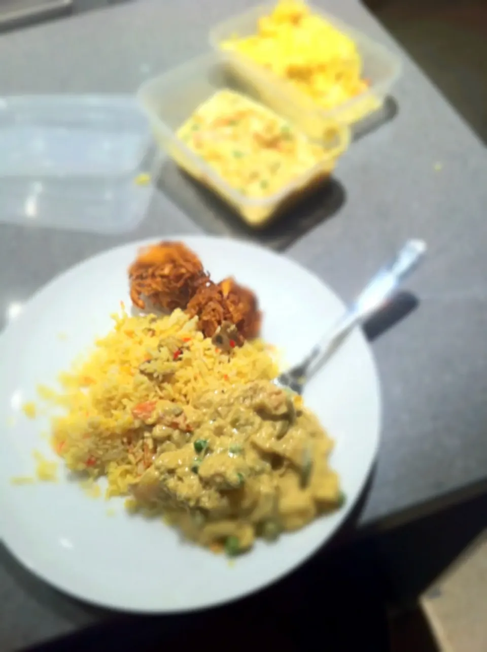 Indian takeaway - vegetable korma, mushroom rice and onion bhaji|🍓Jolejo🍓さん