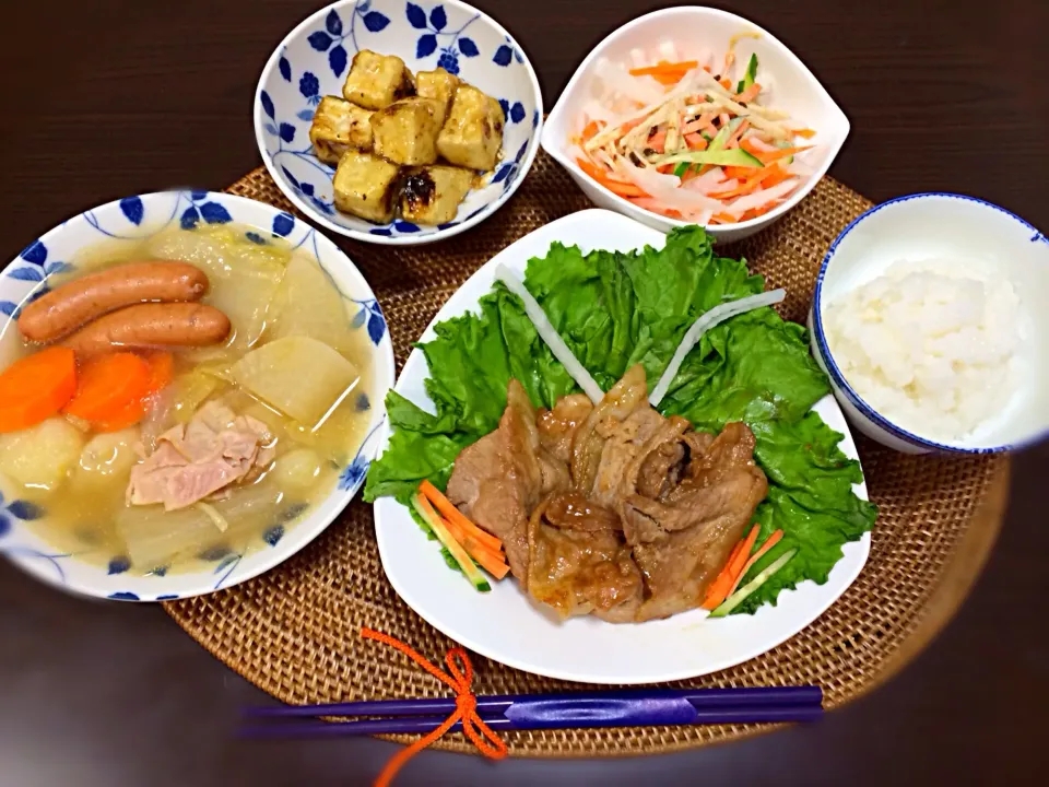 生姜焼き、ポトフ、揚げ出し豆腐、びくどんサラダ|maikaさん