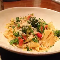 homemade crunchy pappardelle with broccoli