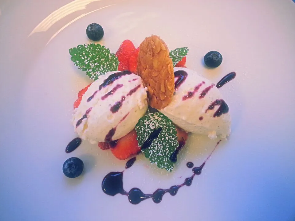 tonka mousse with stawberrys, mint and blueberry sauce|SirCookAlotさん