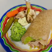 mixed fresh veggies & chicken, lettuce, pickle on wheat wrap w/ mustard & pepper.|NMorgan:)さん