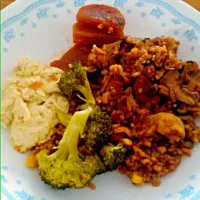 Snapdishの料理写真:claypot rice, steamed egg and broccoli, with mu jeorim (spicy radish)|Isabelle Chungさん