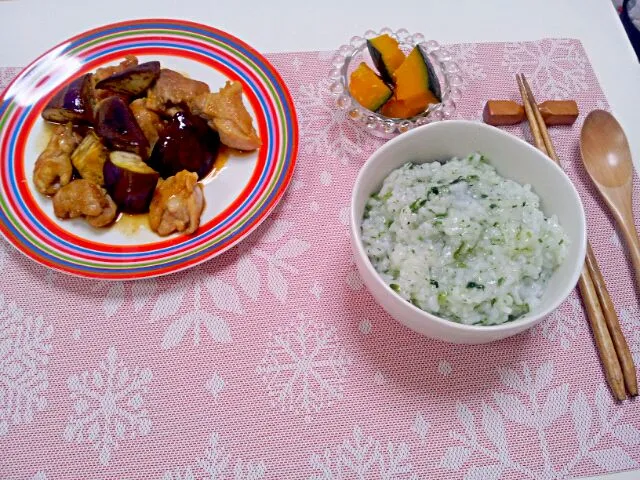 今日の夕食 七草粥、かぼちゃの塩麹煮、なすと鶏肉の南蛮炒め|pinknari🐰🌈さん