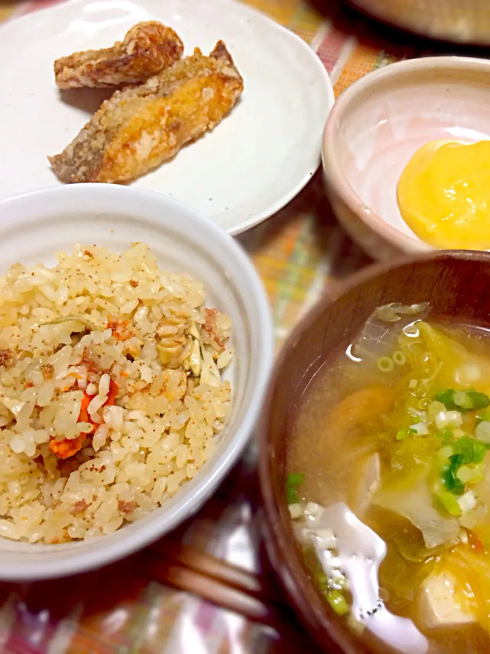 蟹飯☆ 白菜とお豆腐のお味噌汁☆ カレイの竜田揚げ☆ 柚味噌大根☆|Naaさん