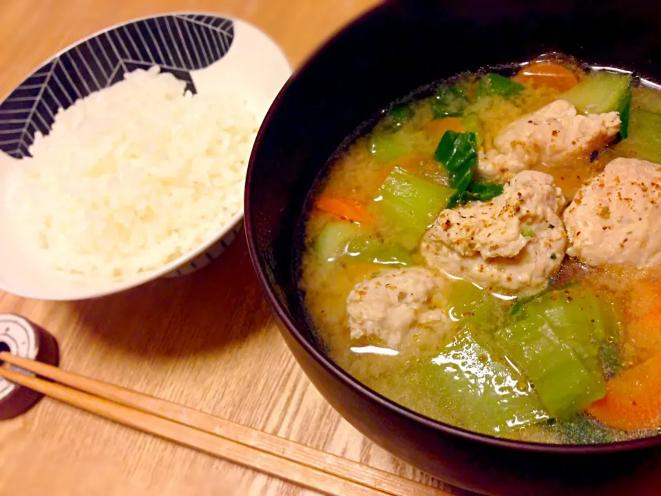 鶏だんご味噌汁と白飯|ユキさん