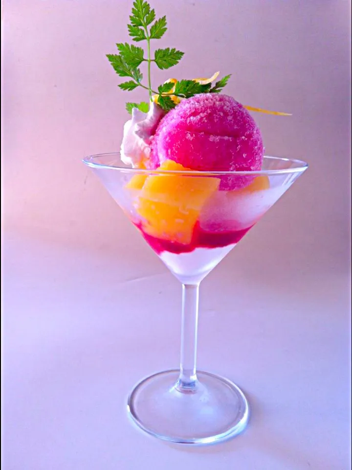 Snapdishの料理写真:Disert"orange jelly &crambery sorbet with coconut milks sauce|Mantra Bgtさん