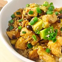 Snapdishの料理写真:鶏とアボカドのピリ辛照り焼き丼 spicy chicken and avocado sautéed on teriyaki sauce.|Luis Silvaさん