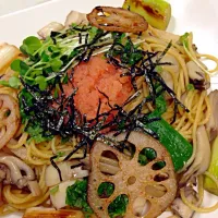 旦那作  野菜モリモリ明太子パスタ🍀