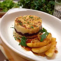 Blood sausage and potato parmentier with sauté apple