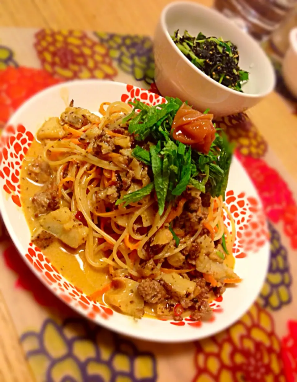 ザクザクレンコンと粗挽き肉の和風ボロネーゼwith 梅クリームソースJapanese taste Bolognese~~coarsely ground minced and renkon(lotus root) with sour plum cream sauce|Yuuki.Mさん