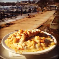 Mac & Cheese stuffed with blackened gulf shrimp and Chilean sea bass|Todd Masonさん