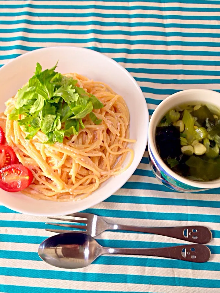 明太子クリームのパスタとスープのランチ♪|あいママさん