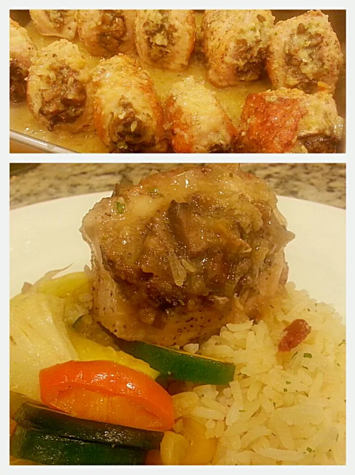 Snapdishの料理写真:portabello-parmesan stuffed pork chop with garlic-rosemary pan sauce, rice pilaf and veggies.|Chef On Qさん