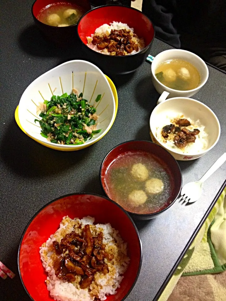 鰻めし•ほうれん草お浸し•肉団子のお吸い物|うるしちかさん