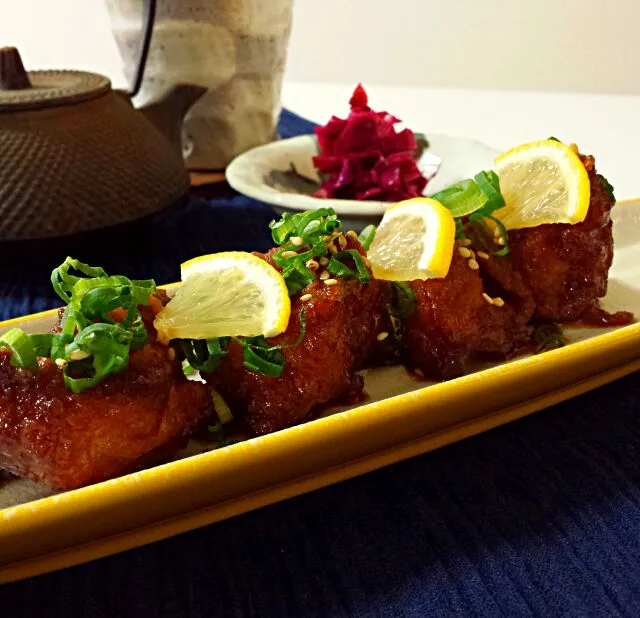 今日のおつまみ♪唐揚の甘から照り焼き、紫キャベツの酢の物|和食料理長の妻さん