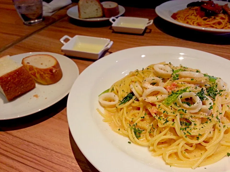 lunch～！ヤリイカと小松菜の明太子スパ|しのさん