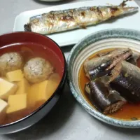 秋刀魚の塩焼き、甘露煮、つみれ汁|まゆさん