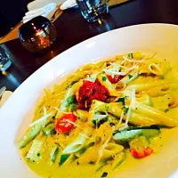 Snapdishの料理写真:Vegitarian Penne Pasta with Edamame Pesto Alfredo Sauce|Lisa Thomasさん