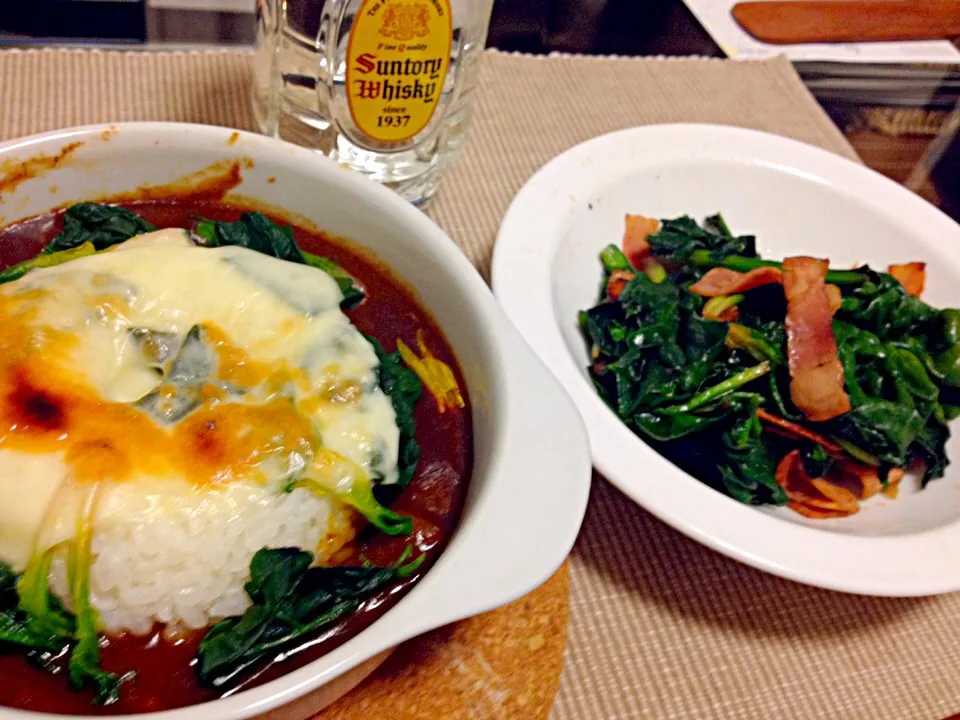 ちぢみほうれん草の焼きカレーと炒め物|ちゃんもさん