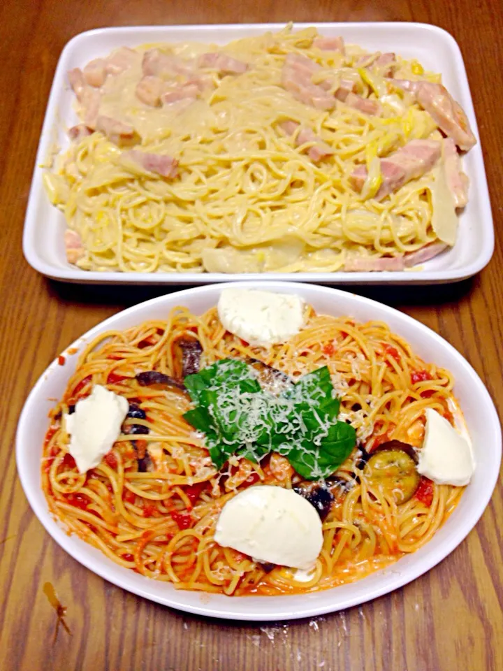 ナスとモツァレラチーズのトマトソースパスタと白菜とベーコンのクリームソースパスタ|Kiguchi Ryoさん