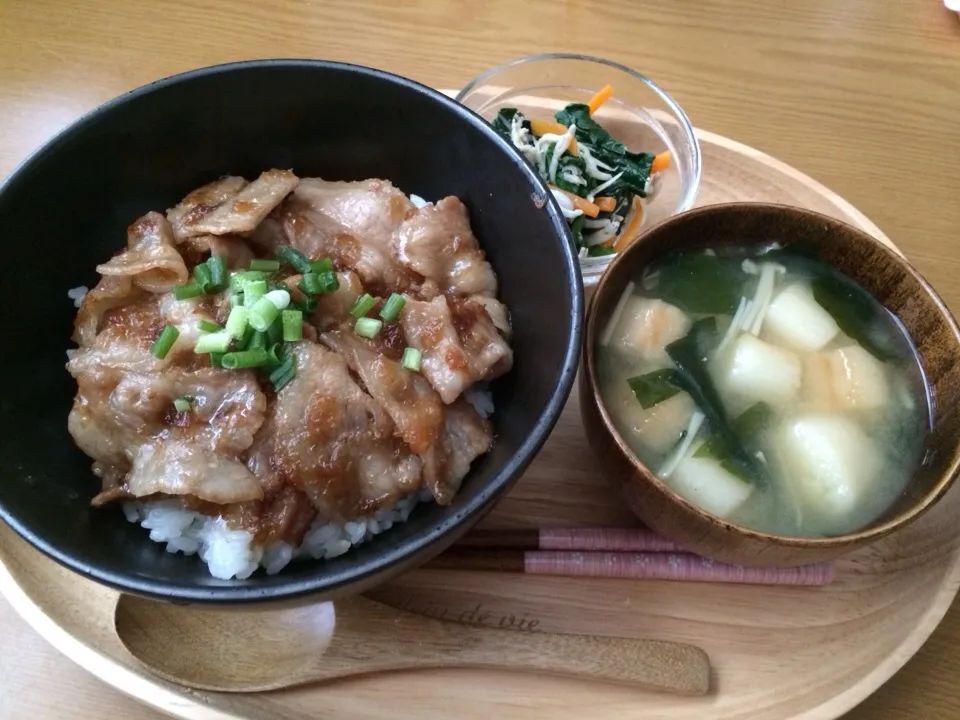 Snapdishの料理写真:玉ねぎダレの豚丼メインの昼ごはん|miyamegu**さん