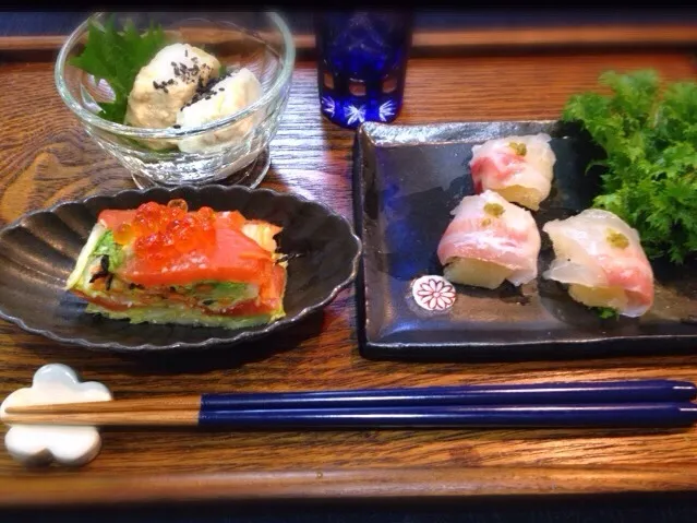 なんちゃって飯寿司  数の子の昆布締め真鯛巻き柚子こしょうのせ  お豆腐の塩麹漬と醤油麹漬|太田知子さん