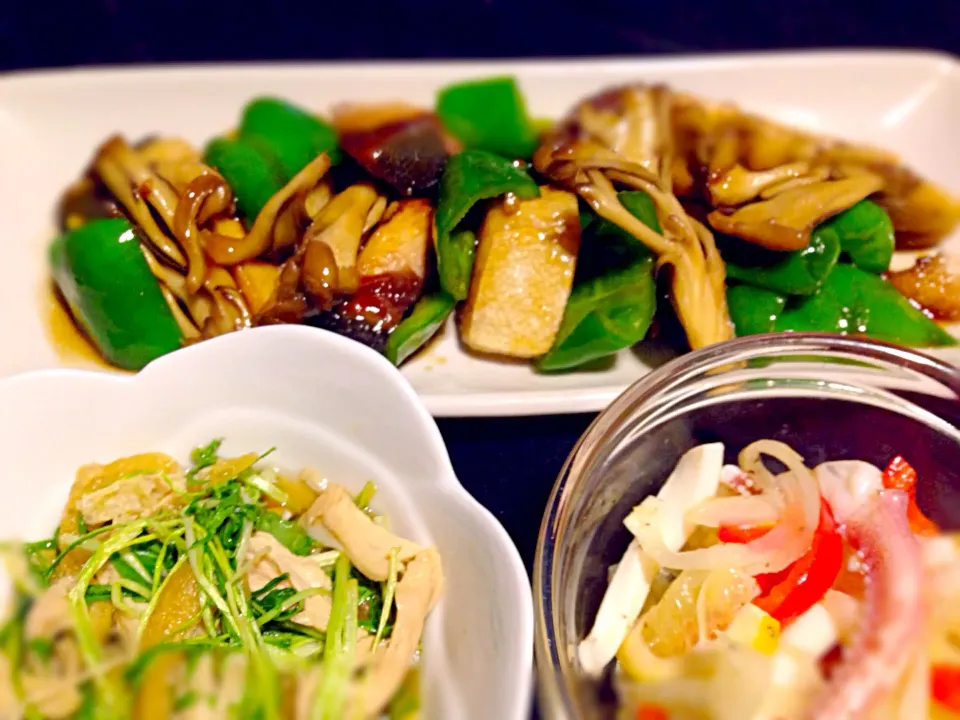 鰤とピーマンの照り焼き・イカとパプリカのマリネ・水菜とささ身の煮浸し|飛鳥さん