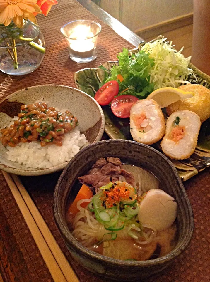 夕食 納豆ご飯  里芋コロッケ  芋汁|izunさん