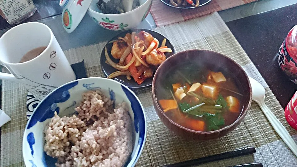 酢豚風肉団子＆豆腐と水菜の味噌汁＆焼き海苔|まぐろさん