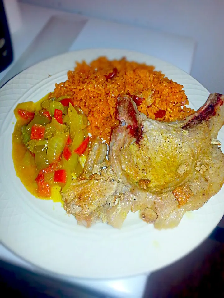 Spanish yellow rice with kidney beans sauté onion and peppers steam cooked pork chops|Jorge Riveraさん