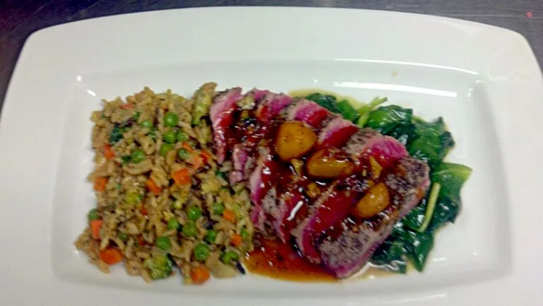 asian fried rice w blackened ahi tuna spinach and sweet and spicy water chestnuts|matt hatchewさん