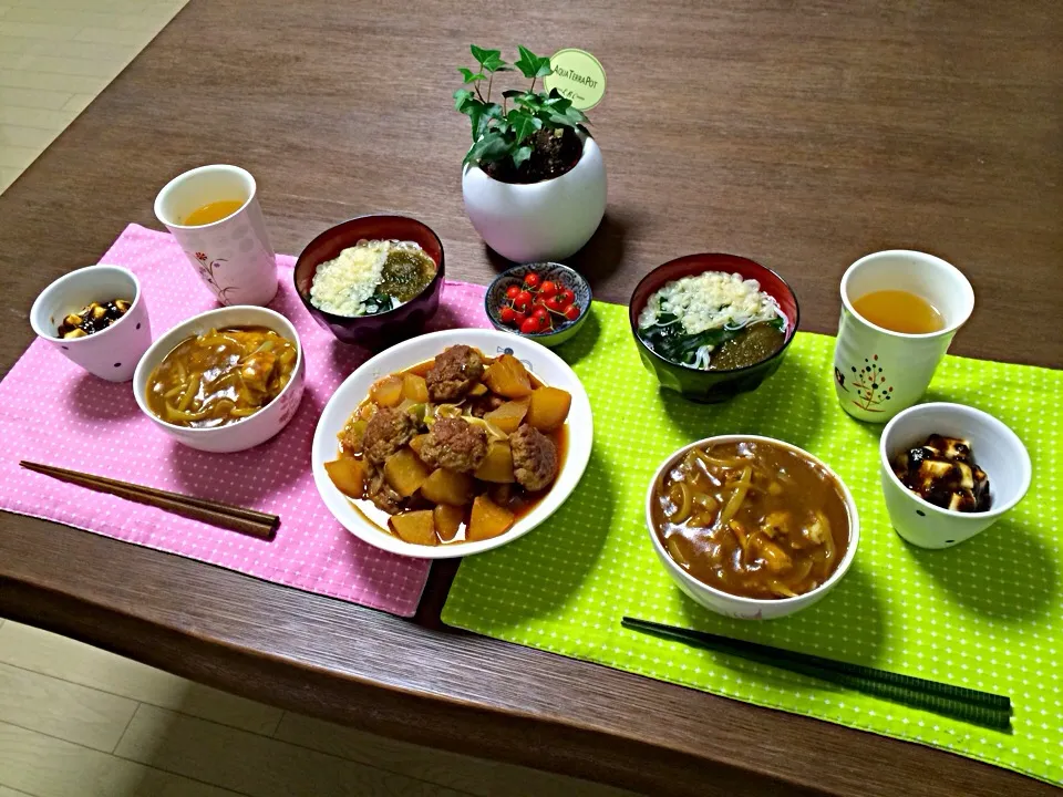 肉団子と大根のピリ辛煮、カレー丼、長芋の海苔和え、とろろ煮麺、マイクロトマト、とうもろこし茶|pentarouさん