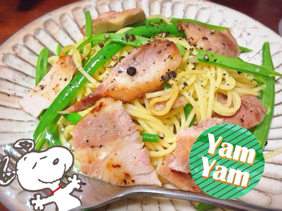 豚肉のソテーとさやいんげんのスパゲッティー二〜柚子こしょう風味〜|ころちゃんさん