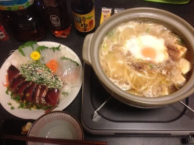 鍋焼きうどん、鰹のたたき、バトウのお刺身、菜の花の白和え！ʕ̡̢̡*ϾεϿ*ʔ̢̡̢✨|サソリさん