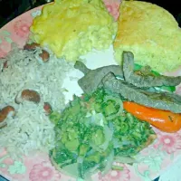 Snapdishの料理写真:Pepper steak, rice and peas, baked Mac, corn bread and callaloo|Kristen Hatfieldさん