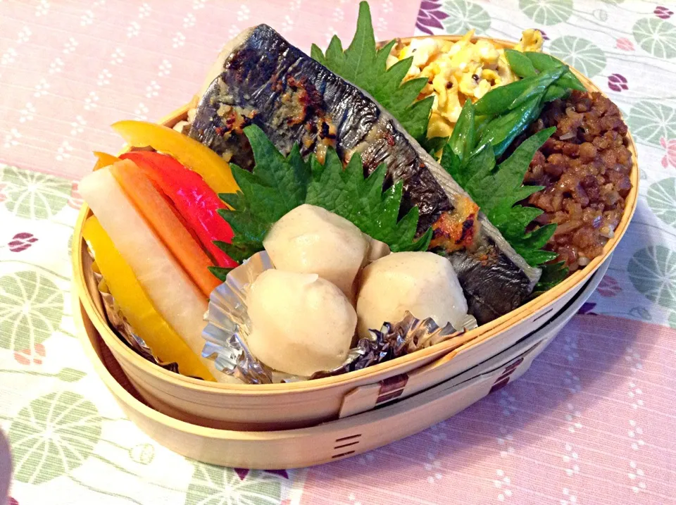 Snapdishの料理写真:大豆そぼろと味噌焼き魚弁当|nonnoさん